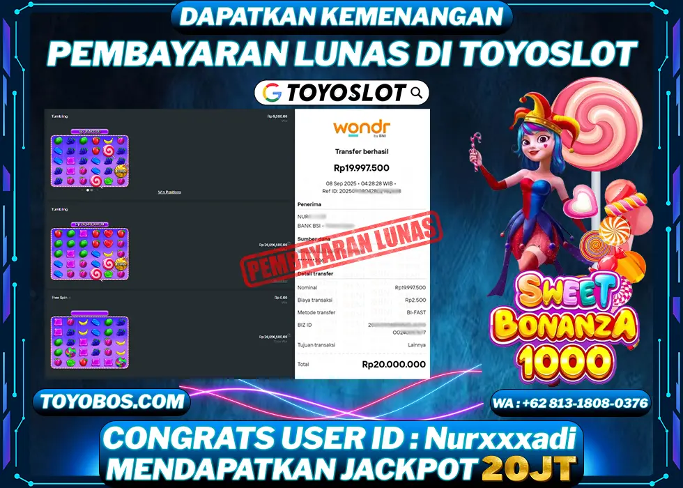 TOYOSLOT - BUKTI KEMENANGAN Sweet Bonanza 1000x Rp20,000,000,- LUNAS